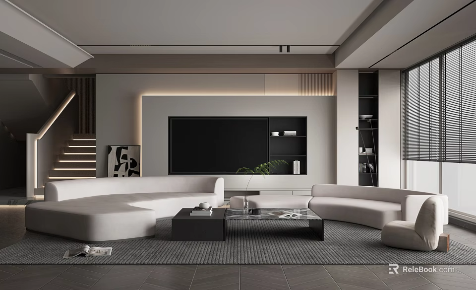 Modern Living Room Interior Design With Large White Sofa Black TV Cabinet And Coffee Table 3d model 