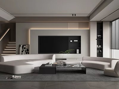 Modern Living Room Interior Design With Large White Sofa Black TV Cabinet And Coffee Table 3d model