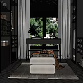 Spacious Modern Walk-in Closet Interior With Glass Door Cabinets Hanging Clothes And Central Bench