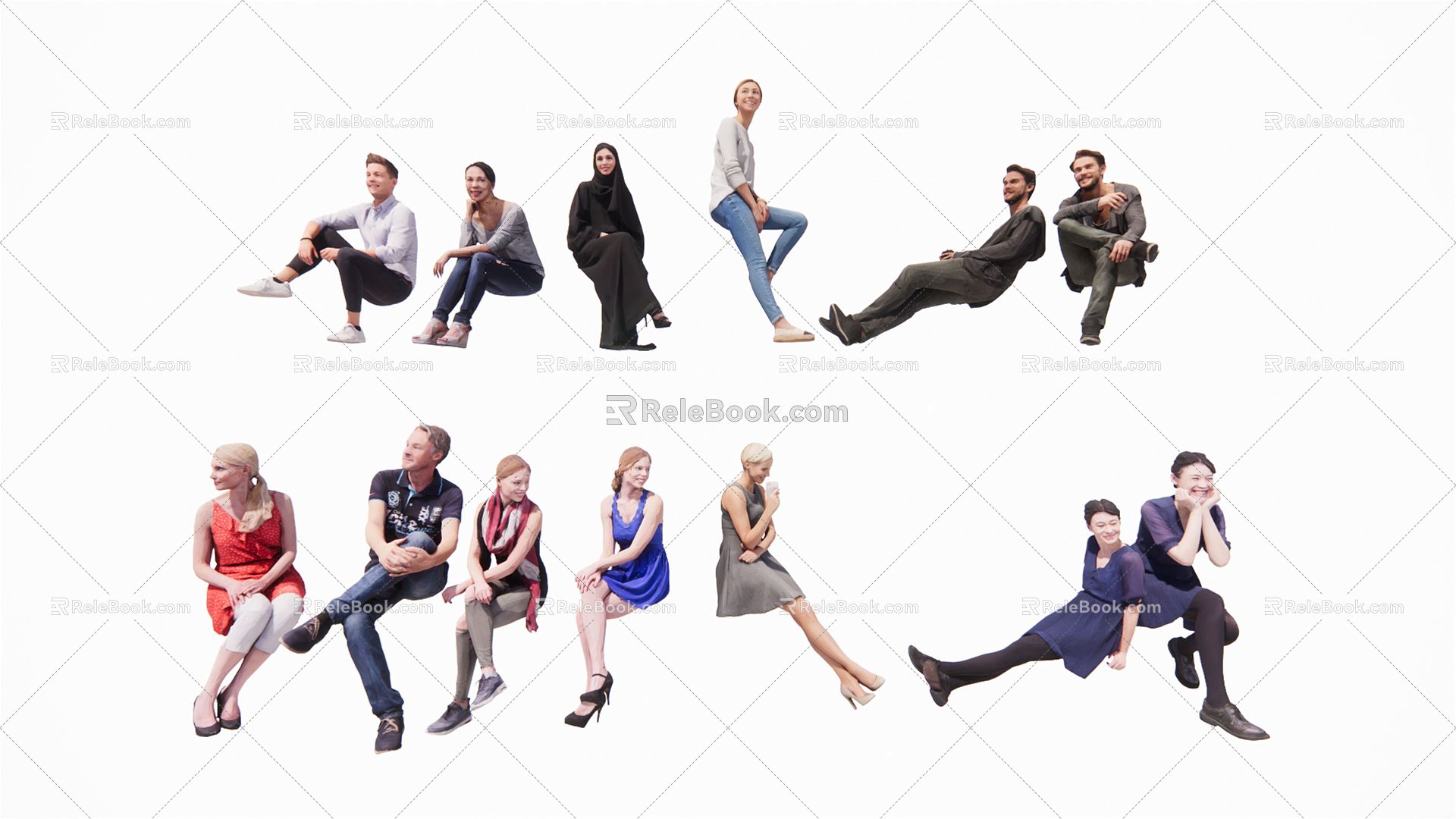 Modern many people sitting young men and women sitting figures beautiful women 3d model