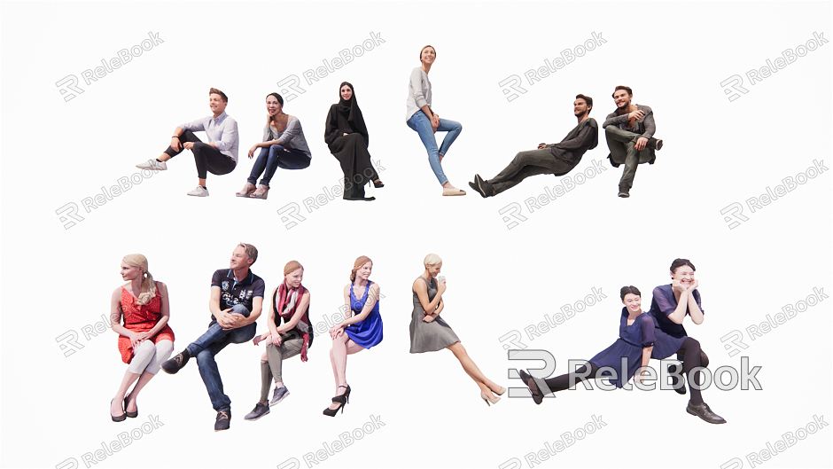 Modern many people sitting young men and women sitting figures beautiful women model