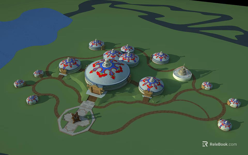 Traditional Yurt Settlement With Green Grassland Blue Water And Winding Paths 3d model 