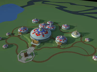 Traditional Yurt Settlement With Green Grassland Blue Water And Winding Paths 3d model