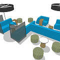 Blue Public Chairs With Green Round Stools And Black Pendant Lights