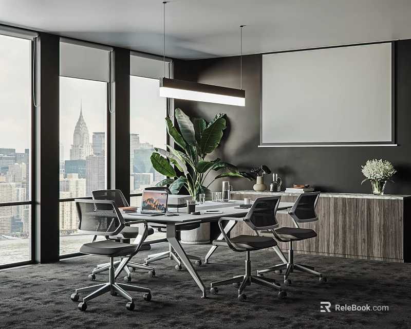 Modern Conference Room With Large Windows City Skyline View Projector Screen And Green Plants 3d model 
