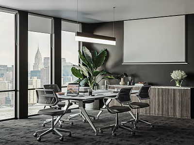 Modern Conference Room With Large Windows City Skyline View Projector Screen And Green Plants 3d model