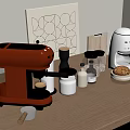 Red Coffee Machine and Small Kitchen Appliances on Wooden Countertop with Glass Jars and Artwork
