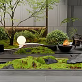 Modern Courtyard Garden With Green Tree Fire Pit Wicker Chair Stone Path And Lush Plants