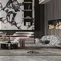 Duplex Living Room Interior With Marble Accent Wall Bookshelves And Fireplace