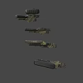 Four Black Tactical Rifles With Long Barrels Scopes And Magazines