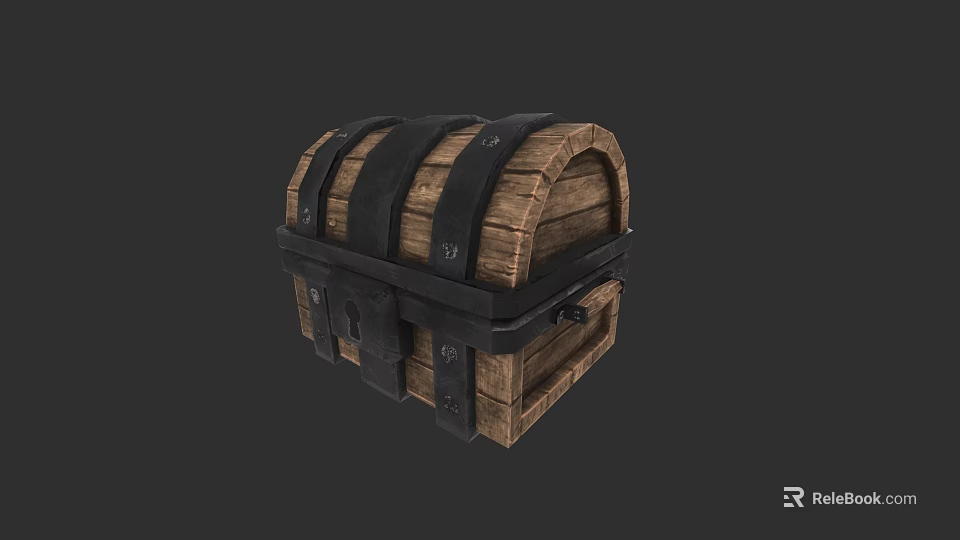 Intricate Sculpture Carving Of Vintage Wooden Chest With Black Metal Bands 3d model 