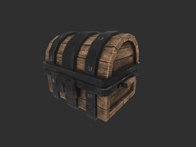 Intricate Sculpture Carving Of Vintage Wooden Chest With Black Metal Bands 3d model
