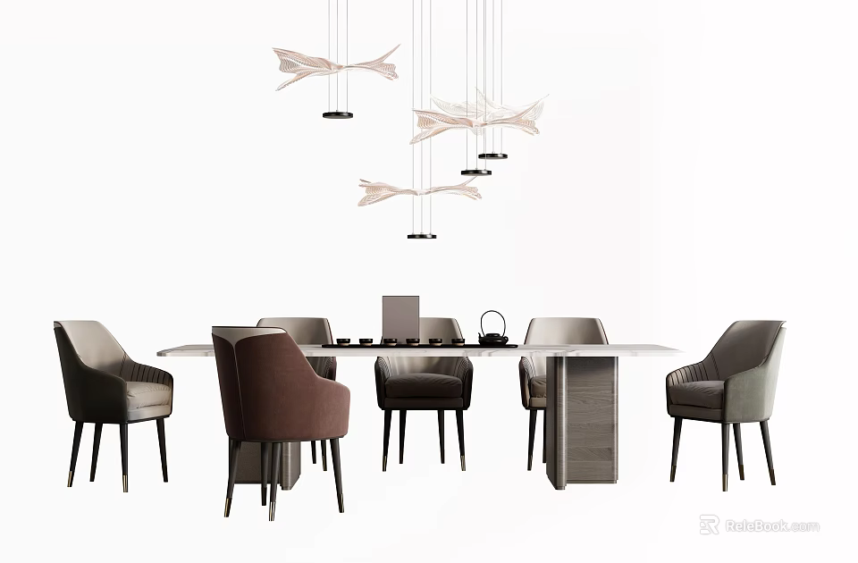 Modern Dining Table Set With Round Table Upholstered Chairs And Fish Shaped Pendant Lights 3d model