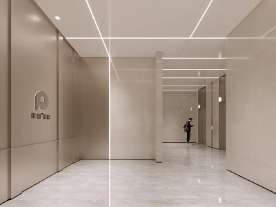 Modern Sleek Elevator Lobby Interior With Marble Floor Linear Ceiling Lights And Polished Surfaces 3d model