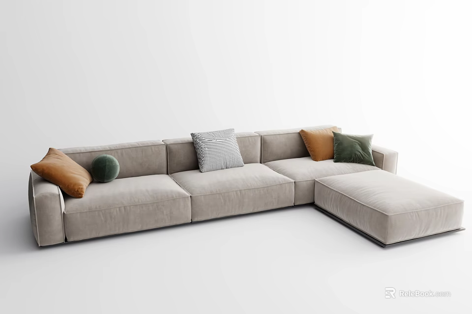 Light Gray L Shaped Sectional Sofa With Orange Green And Gray Striped Cushions 3d model 