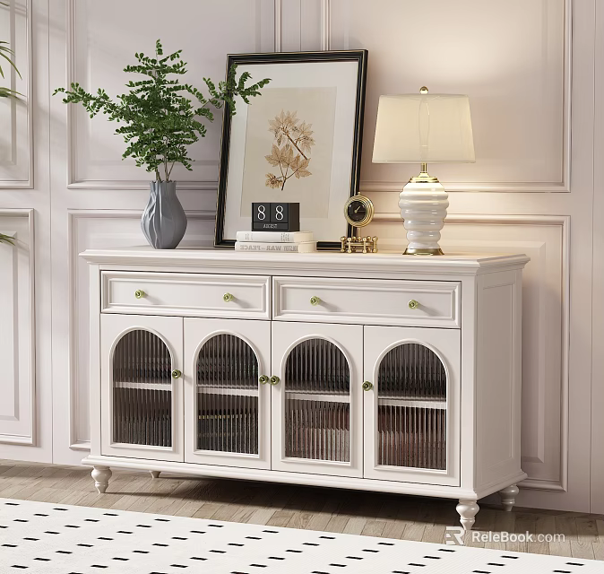 Elegant Modern Entryway Console Cabinet With Arched Grid Doors Drawers Green Plant And Table Lamp 3d model 