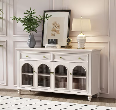Elegant Modern Entryway Console Cabinet With Arched Grid Doors Drawers Green Plant And Table Lamp 3d model
