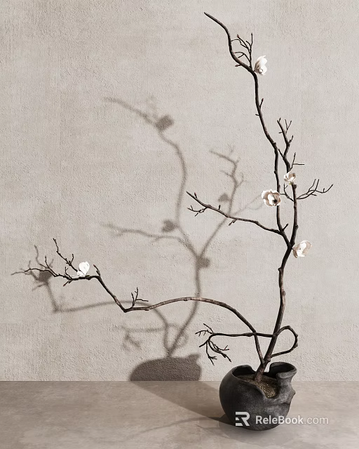 Elegant Vase With White Flower Branches And Shadow On Light Background 3d model 
