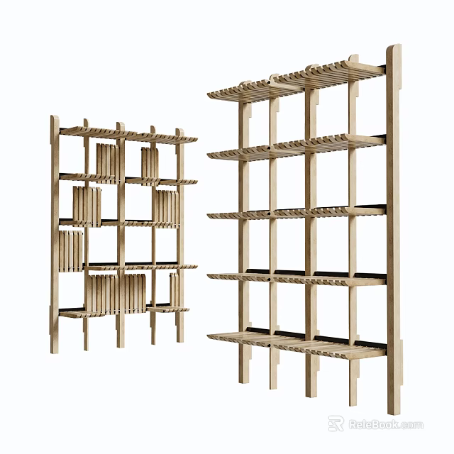 Modern Wooden Bookcase With Open Geometric Shelves And Multiple Storage Layers 3d model 