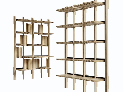 Modern Wooden Bookcase With Open Geometric Shelves And Multiple Storage Layers 3d model