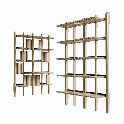Modern Wooden Bookcase With Open Geometric Shelves And Multiple Storage Layers 3d model