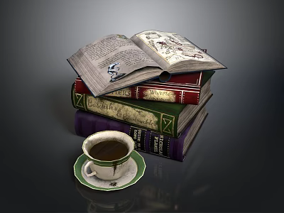Stack of Vintage Books with Open Pages and Coffee Cup on Green Saucer 3d model
