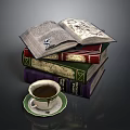 Stack of Vintage Books with Open Pages and Coffee Cup on Green Saucer
