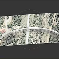 Stone Arch Bridge Model With Green Vegetation Hills And Red Roof Building