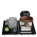 Elegant Decorative Ornament Set with Glass Ice Bucket Green Apple and Wooden Tray on Books