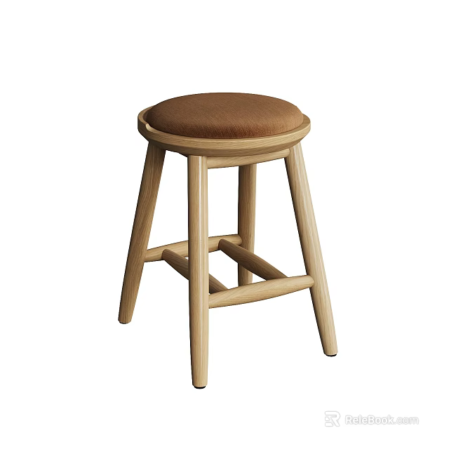 Wooden Bar Stool With Brown Padded Seat And Sturdy Legs Classic Design 3d model 