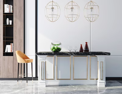 Modern Home Bar Counter With Black Marble Top White Cabinets Gold Accents And Yellow Stool 3d model