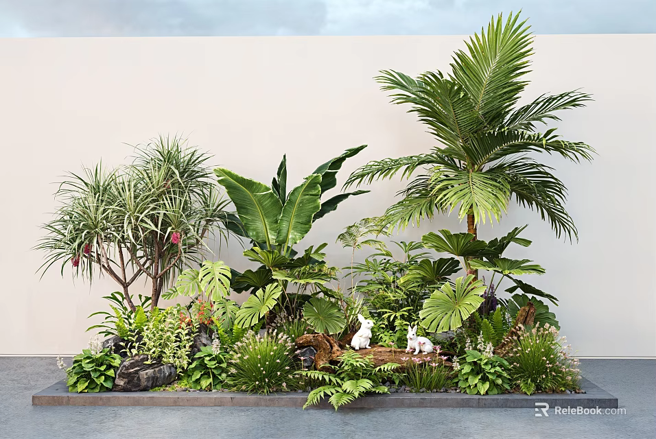 Lush Garden Shrubs With Tropical Palm Tree Banana Leaves Ferns White Rabbit Decor And Stones 3d model 