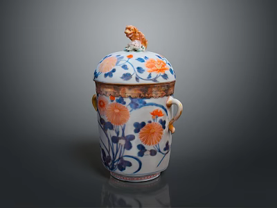 Ceramic Jar with Lid Floral Patterns Ornament and Side Handles for Home Use 3d model