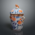 Ceramic Jar with Lid Floral Patterns Ornament and Side Handles for Home Use