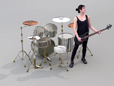 Woman Playing Electric Guitar With Full Drum Set Musical Instruments 3d model