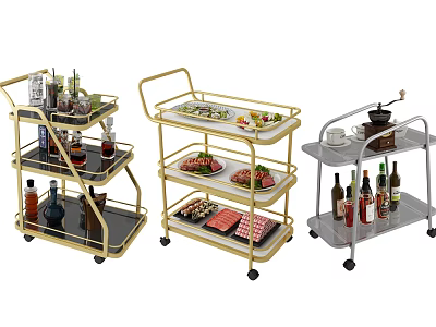 Modern Multi Tiered Wheeled Trolleys With Food Drinks And Kitchen Items 3d model