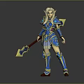 Fantasy Elven Female Game Character In Blue And Gold Armor With Spear