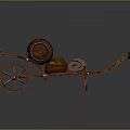 Traditional Wooden Cart With Brown Barrel And Cloth Bundles On Dark Surface