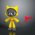 Gray Cat Character In Yellow Hoodie Standing With Red Toy Gun