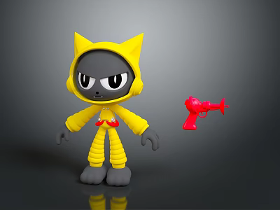 Gray Cat Character In Yellow Hoodie Standing With Red Toy Gun 3d model