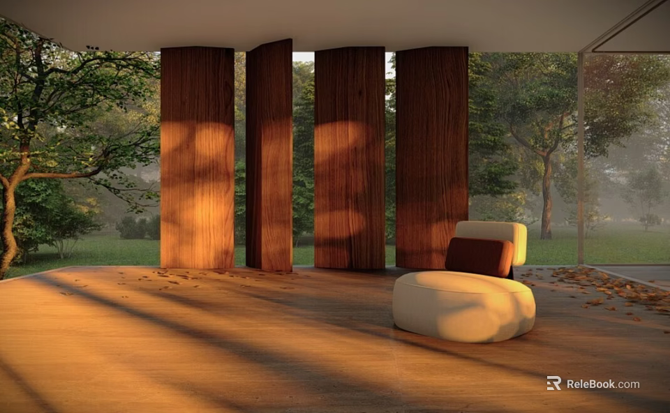 Modern Sofa And Coffee Table Set With Wooden Screens Green Trees And Sunlight 3d model 
