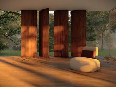 Modern Sofa And Coffee Table Set With Wooden Screens Green Trees And Sunlight 3d model