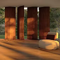 Modern Sofa And Coffee Table Set With Wooden Screens Green Trees And Sunlight