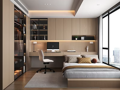 Modern Tatami Bedroom Interior Design With Tatami Bed Study Desk And Large Window 3d model