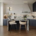 Modern Kitchen Interior With Dark Cabinets Marble Island Bar Stools And White Range Hood