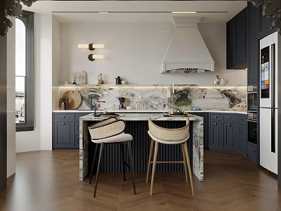 Modern Kitchen Interior With Dark Cabinets Marble Island Bar Stools And White Range Hood 3d model