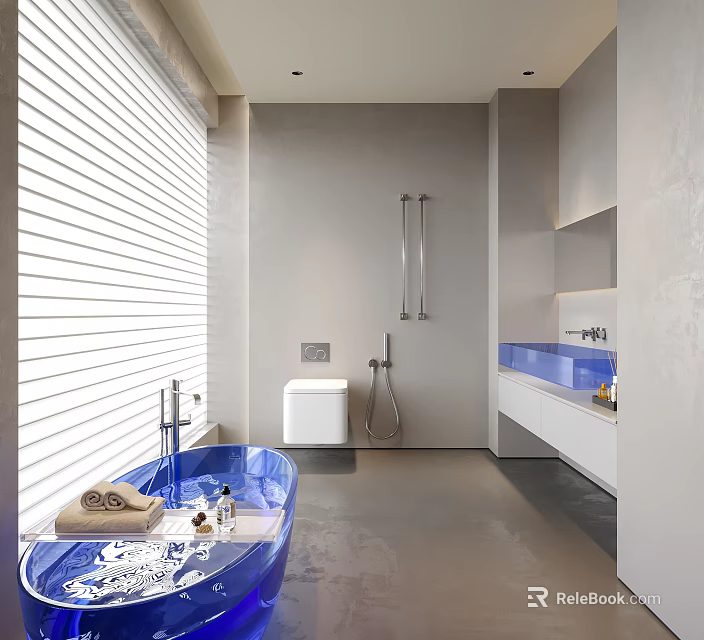 Modern Bathroom Interior Design With Blue Bathtub White Blinds Shower Fixture And Blue Vanity 3d model 