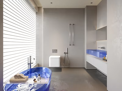Modern Bathroom Interior Design With Blue Bathtub White Blinds Shower Fixture And Blue Vanity 3d model
