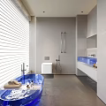 Modern Bathroom Interior Design With Blue Bathtub White Blinds Shower Fixture And Blue Vanity