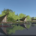 Unique Boutique Guesthouse Architecture With Triangular Roofs Over Water And Tree Reflections